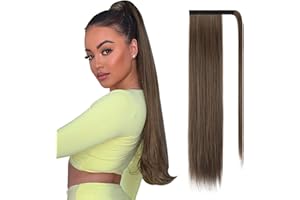 FESHFEN Cola de Caballo Extensiones 60 cm Largo Liso Postizos de Pelo Natural Sintética Ponytail Extensiones de Cabello Coleta Postizos para Mujeres, Marrón Oscuro mezclado con Caramelo