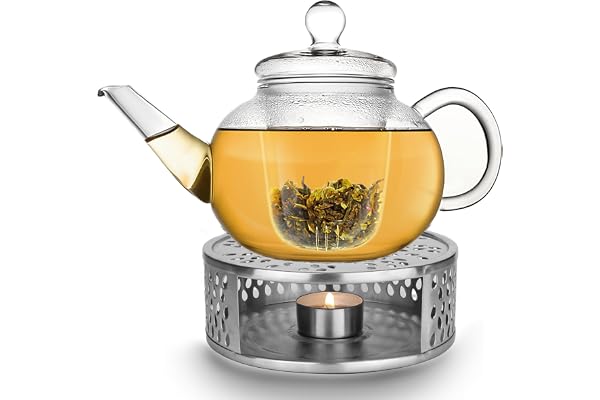 Creano Théière en verre „Plate“ 1,2 l anti-goutte avec filtre en verre et réchaud „Leaf“ argent – théière borosilicate pour thé en vrac, sachets de thé et fleurs de thé