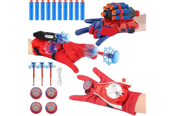 DAIREN Lot de 3 Gant de Lanceur Spider Jouet,Gant de Lanceur pour Spider Jouets de Poignet,Lance Toile Spider,Gants pour Enfants Spider, Gants de déguisement avec ventouses, fléchettes et Frisbee