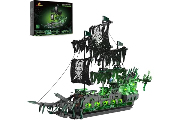 JMBricklayer Bateau Pirate Briques Avec Lumières, Bateau fantôme Modèle Bateau 40001 Flying Dutchman Bateau Pirate Briques De Serrage, Voilier Kit Modèle, Bateau Jouets Cadeaux Pour Adultes Et Garçons