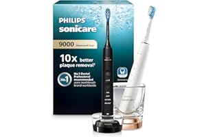 Philips Sonicare DiamondClean 9000 Electric Toothbrush, Sonic Toothbrush with App, Pressure Sensor, 4 Brushing Modes, 3 Intensity Levels, Charging Glass, Black & Rosegold, Dual Pack, Model HX9914/57