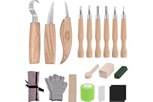 FIOAY Kit Intaglio Legno,22PCS Strumenti per Intaglio Del Legno,Coltello Intaglio Legno con guanti resistenti al taglio per Principianti e Scultori Professionisti