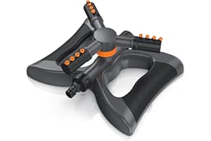 Brandson - Garden Sprinkler for Lawns - 3 Arms - 12 Spray Nozzles - 10m Range - 314m² - Adjustable Spray Angle - Quick Coupling Adapter - Wide Base - Adjustable from 60-90° - Orange/Grey