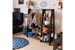 SWEET HOME FROM WOOD Children’s Wardrobe - Wooden Clothes Rack with Hanging Rail & Display Shelf for Children - DIY Dressing Furniture, Open Closet for Kids, Easy to Assemble - Black Wood Finish