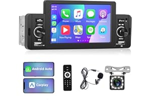 RIMOODY Apple Carplay Autoradio 1 Din avec Android Auto Bluetooth Mains Libres 5 Pouces Autoradio avec Android/iOS Mirror Link Bluetooth FM Radio USB/AUX/TF Radio avec Caméra de Recul Microphone Télécommande