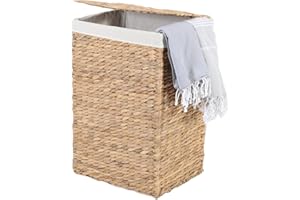 CASA MORO LANA S IN600 - Panier de rangement avec couvercle - 45 l - Sac intérieur en coton - En jonc de mer naturel - Panier à linge tressé - Fait à la main