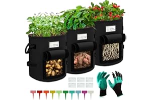 Hymarvo 10 Gallonen(40L) Kartoffel Pflanzsack,3 Stück pflanzsäcke Kartoffeln Set mit Klettfenster,Kartoffelsack Pflanztaschen mit Griffe für Tomaten/Kartoffeln/Pflanzen, Kartoffelpflanzsäcke(Schwarz)