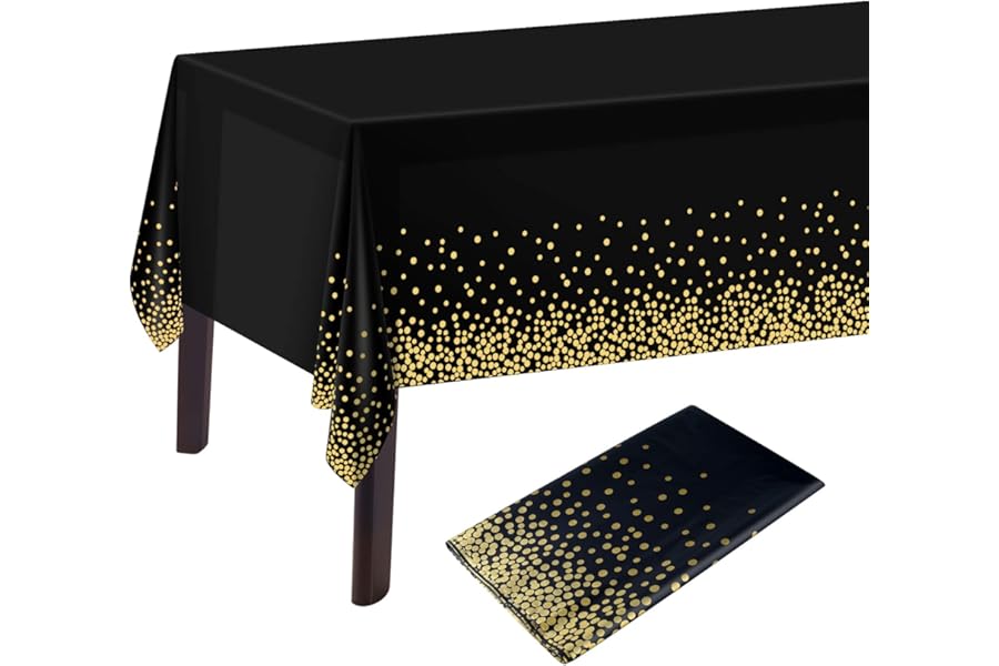 PLULON 2Pcs Black Gold Dot Tablecloth - 137 x 274cm Plastic Rectangle Table Cover for Black and Gold Party Birthday Table Decorations