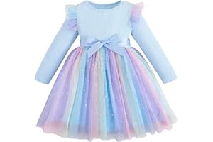 JiAmy Girls' Dresses Ribbed Knit Tulle Dresses Sequin Spring Flying Sleeves Rainbow Kids Dress for 1-6 Years Old
