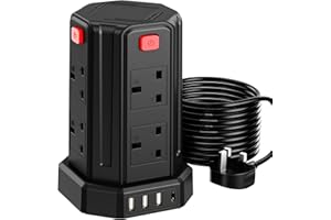 SAMERIVER Tower Extension Lead 5M, (13A 3250W), 8 AC Outlets and 4 USB Ports Extension Tower, Surge Protection Extension Lead with 4 Independent Switch, 17W USB C Ports Extension Cable 3M for Office, Home
