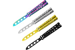 Sporgo Lot de 4 couteaux papillon d'entraînement : couteau papillon pour s'entraîner à lame non aiguisée, peigne papillon en acier inoxydable pour couteau d'entraînement débutant (noir + argent +