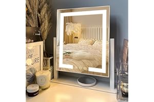 LuxeVue Specchio da trucco con illuminazione - Cosmetico 3 modalità colore, touch, telaio metallo 360°, ingranditore 15x, 14,5", bianco