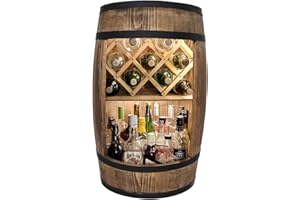weeco Tonneau Bar en Bois avec Éclairage LED – Casier à Vin avec 2 Étagères et Porte-Bouteilles – Bar Rustique pour Salon ou Cave à Vin – Décoration Vintage – 80x50cm Marron