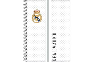 Safta Real Madrid 1ère équipe 24/25 Cahier avec couverture rigide, idéal pour les enfants de différents âges, confortable et polyvalent, 15,5 x 22 cm, blanc/gris