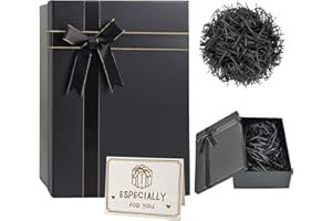 MSLHUB Boîte cadeau avec couvercle, 28 x 20 x 9 cm - Boîte cadeau en carton grande avec ruban, carte de vœux et ficelle - Emballage cadeau pliable pour anniversaire, mariage, Noël (Noir)