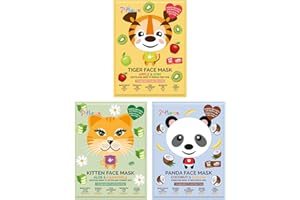 7th Heaven Party Animal Beauty Sheet Face Mask Skincare Set for Kids - Tiger, Kitten & Panda Printed Face Mask Sheet to Soothe, Hydrate & Revitalise Young Skin (Ages 8+)