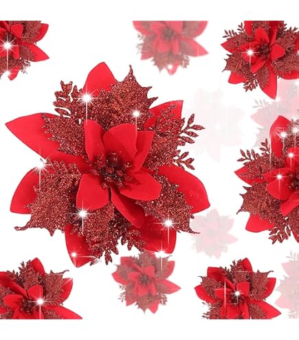 14 Fiori Di Natale Artificiali Con Clip, Stelle Di Natale Oro E Rosso Glitterate, 13 Cm, Per Albero E Decorazioni Natalizie - 2
