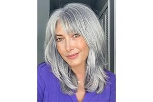 PORSMEER Parrucca Donna Medio Lunga con Frangia Natuaral Sintetici dritti Parrucca Capelli Parrucche grigio argento Bob per Donna ragazze,per carnevale Halloween feste, 35cm