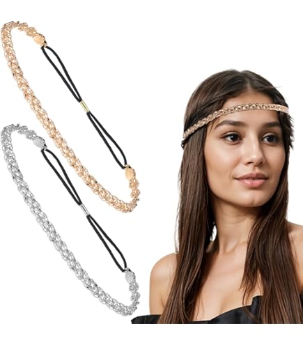 2 Cerchietti Per Capelli Con Strisc Xindojuz - Fascia Elastici Con Cristalli, Oro E Argento, Regolabili, Accessori Glitter Per Donne E Ragazze - 3