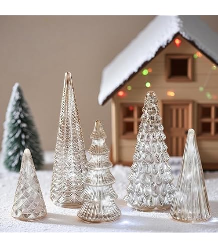 5 Alberi Di Natale Illuminati In Vetro Argentato – LED Caldi, Decorazioni Da Tavolo E Camino