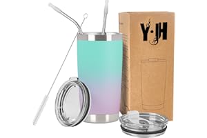 YJH Y·JH 20oz (550ml) Taza Termo Cafe Para Llevar - Vaso Con Pajita - Taza Térmica de Acero Inoxidable Reusable - 2 Tapas a Prueba de Salpicaduras Pajitas - Cian&Violeta