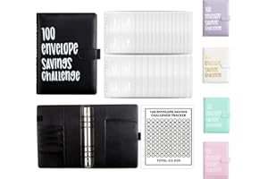 AMONENZ Quaderno Risparmio Soldi, Nero Challenge del Risparmio, Finta Pelle Agenda Risparmio, con 100 Buste Agenda Risparmio Soldi, per Casa, Scuola e Ufficio