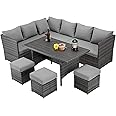 Wooden Twist Portico Modular Design Weather Resistant Wicker Conversation Rattan & Steel 7 Pieces Outdoor Furniture Set Corner Sectional Sofa, 3 Ottomans with 1 Table and 7 Seven Cushions