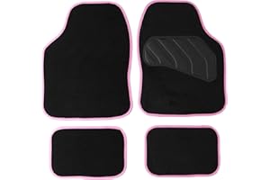 Sakura Floor Mats For Cars SS5468 - 'Pastel' Black Carpet Pink Trim - Full Set Of 4 Universal Fit - Hard-Wearing Pile, Anti-Slip Backing, UK Made, Heelpad