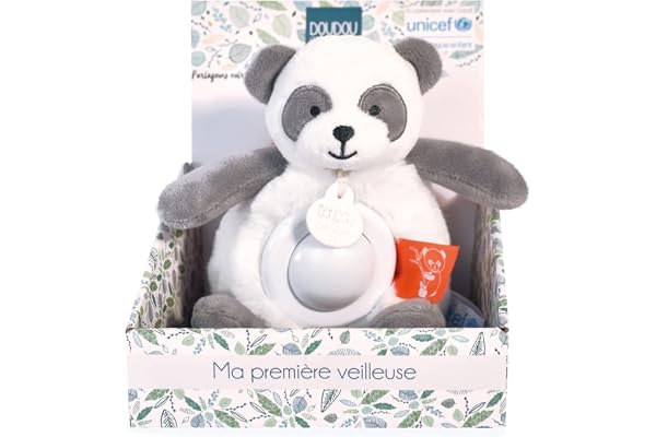 DOUDOU ET COMPAGNIE - Veilleuse Peluche Panda Musicale et Lumineuse pour Enfant - Avec 3 Lumières - Taille 20 cm - Noir et Blanc - Collection Unicef - Idée Cadeau Dès La Naissance- DC3996