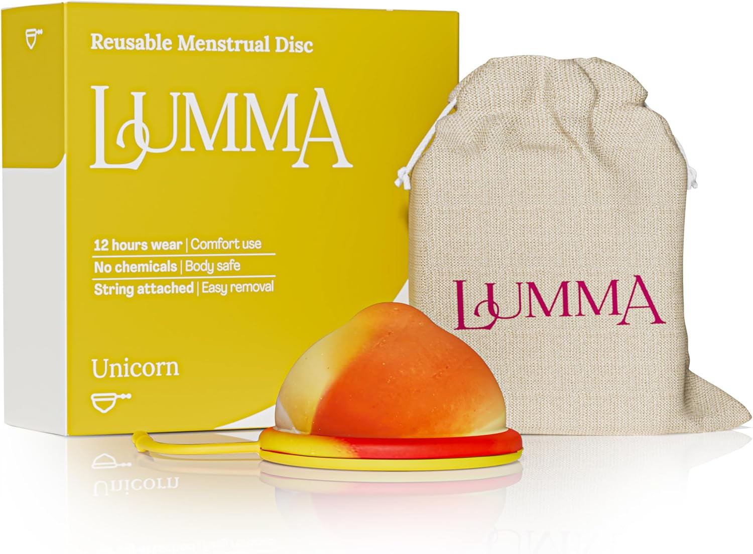 LUMMA - Disco Menstrual - Incluye Bolsa de Transporte y Cordón de Silicona para una Extracción Fácil - Opción Cómoda y Sostenible a los Tampones, Sin Fugas - Unicorn, Cuello Uterino Corto