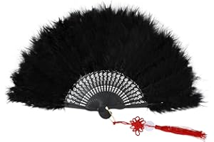 Grevosea Marabou Feather Fan, 20s Vintage Folding Fan Renaissance Rave Fans, Foldable Hand Feather Fans for 1920s Gatsby Party,Clothing Accessories and Party Decorations(Black)