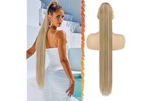 BARSDAR Cola de Caballo Extensiones con Cordón - 86cm Largo Liso Rubio Cola de Caballo Extensiones de Cabello Sintetico Falso Coleta Postizos Clip in Ponytail para Mujer - Cenizo Claro Rubio Mixto
