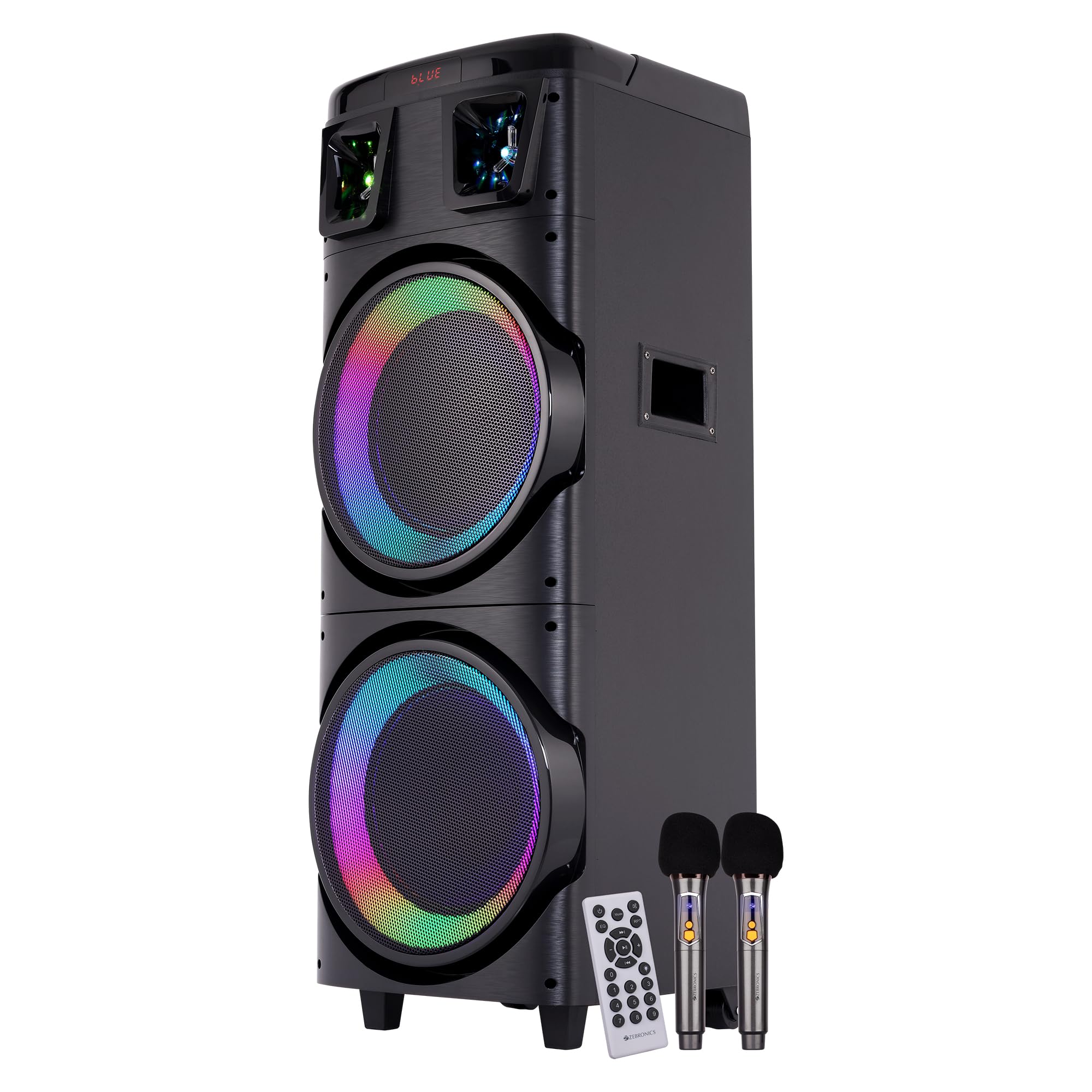 ZEBRONICS Buddy 400 Portable Party DJ Speaker with 220 Watts, Supports Bluetooth, USB, AUX, mSD, TWS, Voice Changing Wireless MIC, Karaoke Function, Up to 3h Backup, RGB LED Lights