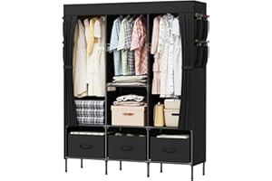 LOEFME Armadietto in tessuto, 130 x 45 x 175 cm, stabile, con tasche laterali, pieghevole, per camera da letto e spogliatoio, colore: nero