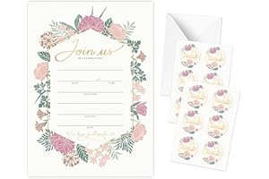 Rileys & Co. 50 All Occasion Invitation Cards with Envelopes and Bonus Stickers, Floral Party Invitations for Wedding, Anniversary, Baby Shower, 7x5 Inches (18 x 13 cm)