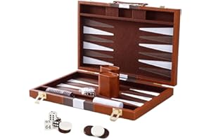 Caossuixin 15 Inch Travel Backgammon Set, Deluxe Leather Case Board Game for Adults and Children, Portable Travel Backgammon, Backgammons Set with Dice Cup and Board Game Pieces (Brown)