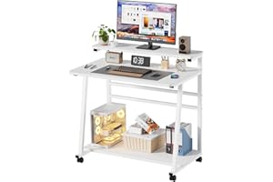 MSFE Mały stolik komputerowy z 4 kółkami, mały stolik pod komputer z miejscem do przechowywania, oszczędność miejsca, mobilne biurko w kształcie litery H, do salonu, sypialni, 80 x 50 x 90 cm (biały)
