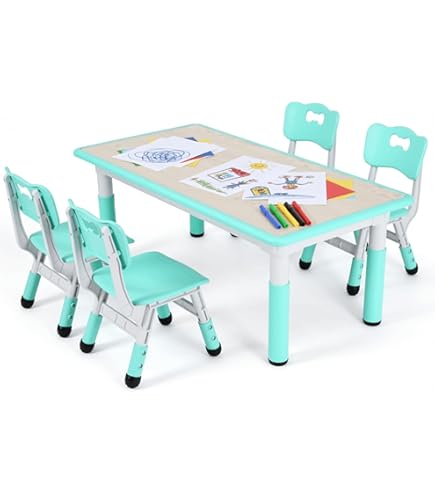 Kindertafel met 4 stoelen, in hoogte verstelbaar, tafelstoelset voor kinderkamer, plastic kindermeubels, zitgroep voor jongens en meisjes vanaf 2 jaar (grijs, vierkante tafel