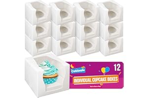 SOL 12 Pack of Individual Cupcake Boxes 9cm x 9cm x 9cm Square White Card Boxes with Clear Window Perfect for Muffins Cup Cakes Parties Events Weddings Home Baking Presentation and Gifting