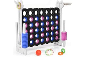 CUPCHID Giant Connect 4, Adjustable Heights Indoor and Outdoor Connect Four Family Game with Basketball Hoop, 42 Giant Rings and 4-in-1 Game Set for Kids, Family Fun
