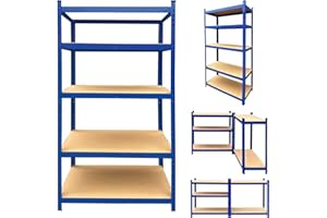 HUINI Estantería de metal azul, 200 x 100 x 50 cm (alto x ancho x profundidad), unidad de 5 capas - acero y MDF, componentes sin tornillos, estante de garaje, estante ajustable, capacidad total 875 kg