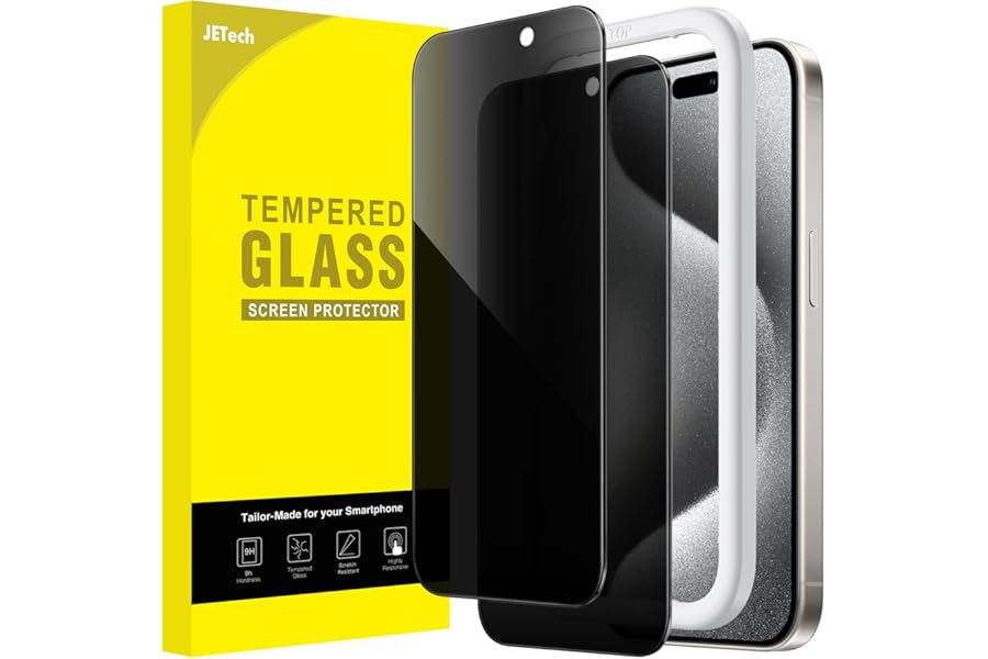 JETech Privacy Screen Protector for iPhone 15 Pro 6.1-Inch, Anti-Spy Tempered Glass Film with Easy Installation Tool, 2-Pack