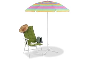 Relaxdays Striped Beach Parasol, Height-Adjustable Garden Umbrella, Sun Protection, H x D 200 x 170 cm, Colourful