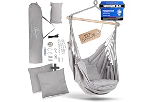 ‎BM BELLAMATILDA BELLAMATILDA® Hängesessel 100% Baumwolle + 360° Montagezubehör, extra lang und 3 Kissen, Hängesessel Outdoor & Indoor, XXL-Hängesitz für Erwachsene & Kinder bis 150 kg, Garten, Wohnzimmer, Balkon-Grau