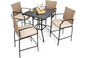 GiantexUK 5 Pieces Outdoor Bar Stool Set, Patio Rattan Bistro Set with 4 Wicker Bar Chairs & 1 Bar Table, Garden Table and Chairs Set for Courtyard Poolside (Table+4 Chairs)