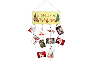 Toekt Merry Christmas Card Holder Hanging Wooden Display Frame with 30pcs Wooden Photo Clips for Greeting Cards Display Board, DIY Holiday Wall Decor (A)