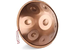 HEYQK Hand Pan Harmonic, Tamburo in Acciaio in D Minor 10 Note 22 Inches 440 HZ, Hand Drum Percussione con Soft Hand Pan Bag, 2 Bacchette e il Sopporto, Oro