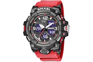 SMAEL Men's Watches Military Outdoor Waterproof Sports Wrist Watch Date Multi Function LED Alarm Stopwatch, Digital Watches for Mens, Red, Large Face, Digital