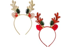 AYNKH Christmas Reindeer Headband 2 Pcs Sequins Antlers Christmas Headbands Xmas Hair Hoops with Plush Ears Bell Antler for Kids Women Girls Christmas Party Headwear Hair Band Decoration Accessories