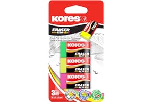 Kores - KE-30: Gomme in PVC con Rivestimento in Carta per Bambini, Studenti e Adulti, Non Tossiche e Adatte ai più Piccoli, 40 x 21 x 10 mm, Confezione da 3 in Colori Fluo Assortiti